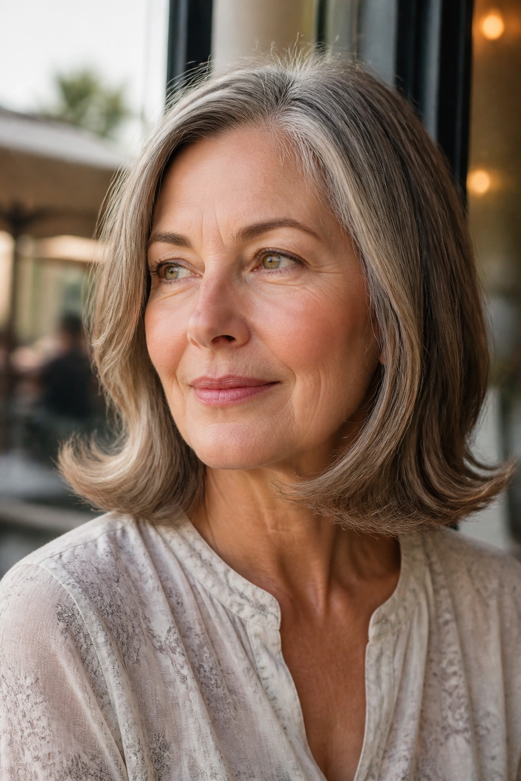 Close-up of a real woman with chin-to-shoulder flip cut in outdoor cafe daylight