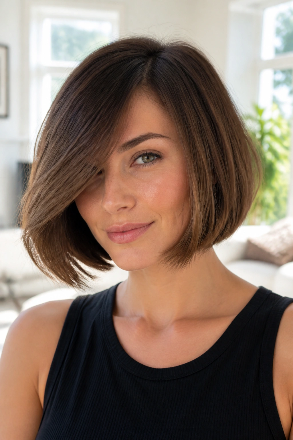 Real woman with a chin-length bob and side sweep in a sunlit living room