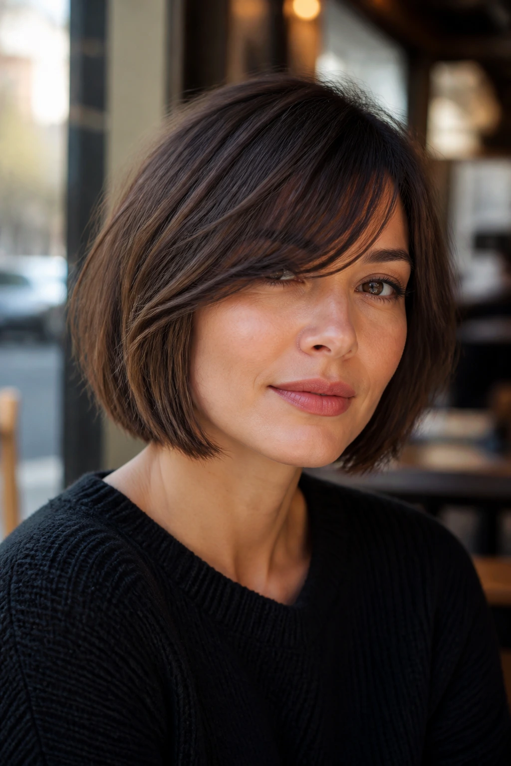 Close-up portrait of a real woman showcasing a chin-skimming lob with long side bangs in a café setting