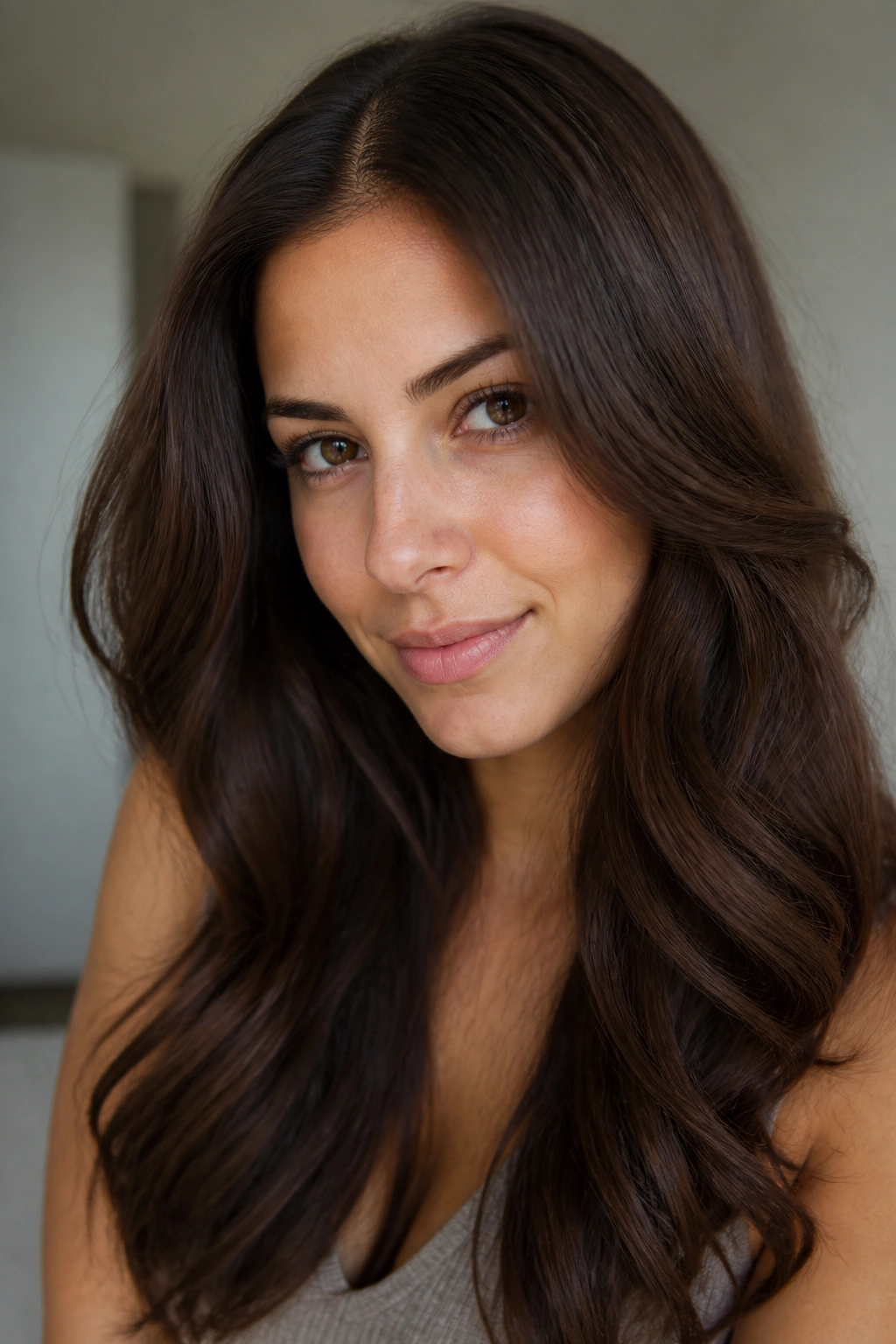 Close-up portrait of a real woman with chocolate brown hair in soft indoor light