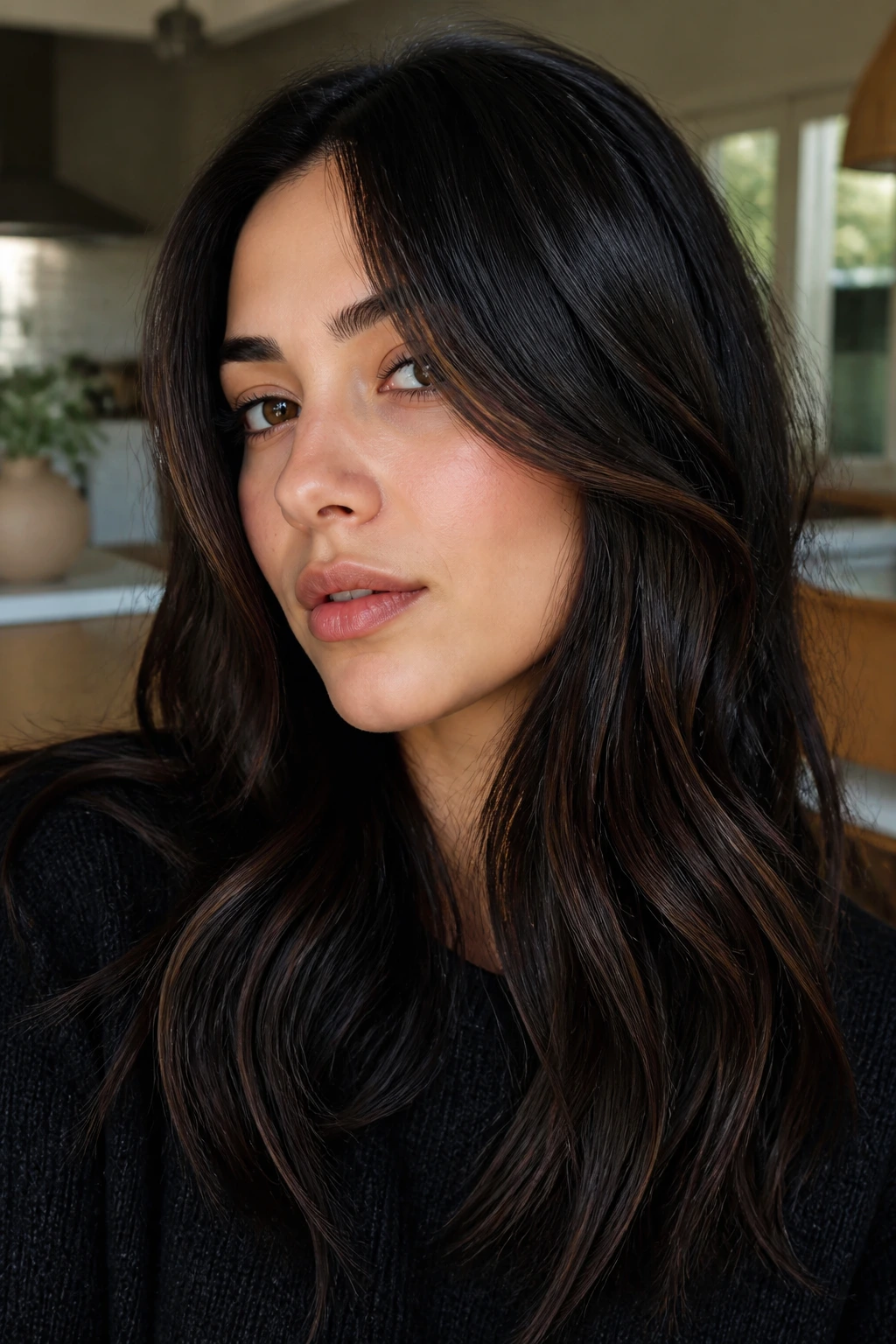 Close-up of a real person with milk-chocolate brown highlights in dark hair.