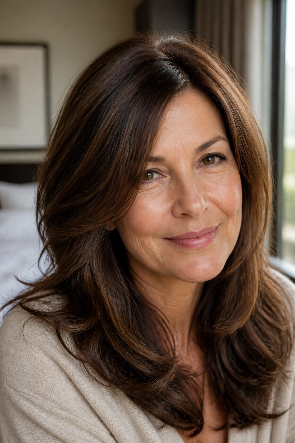 Close-up portrait of a woman with chocolate brown hair and soft lowlights