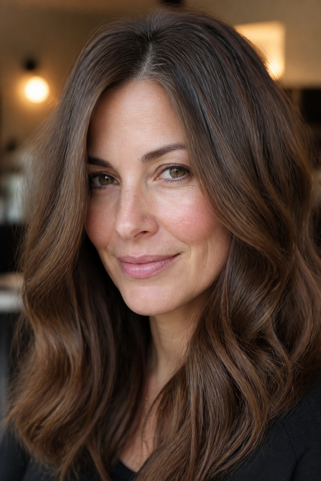 Close up of soft chocolate brown hair with a shadow root blending greys on a real person