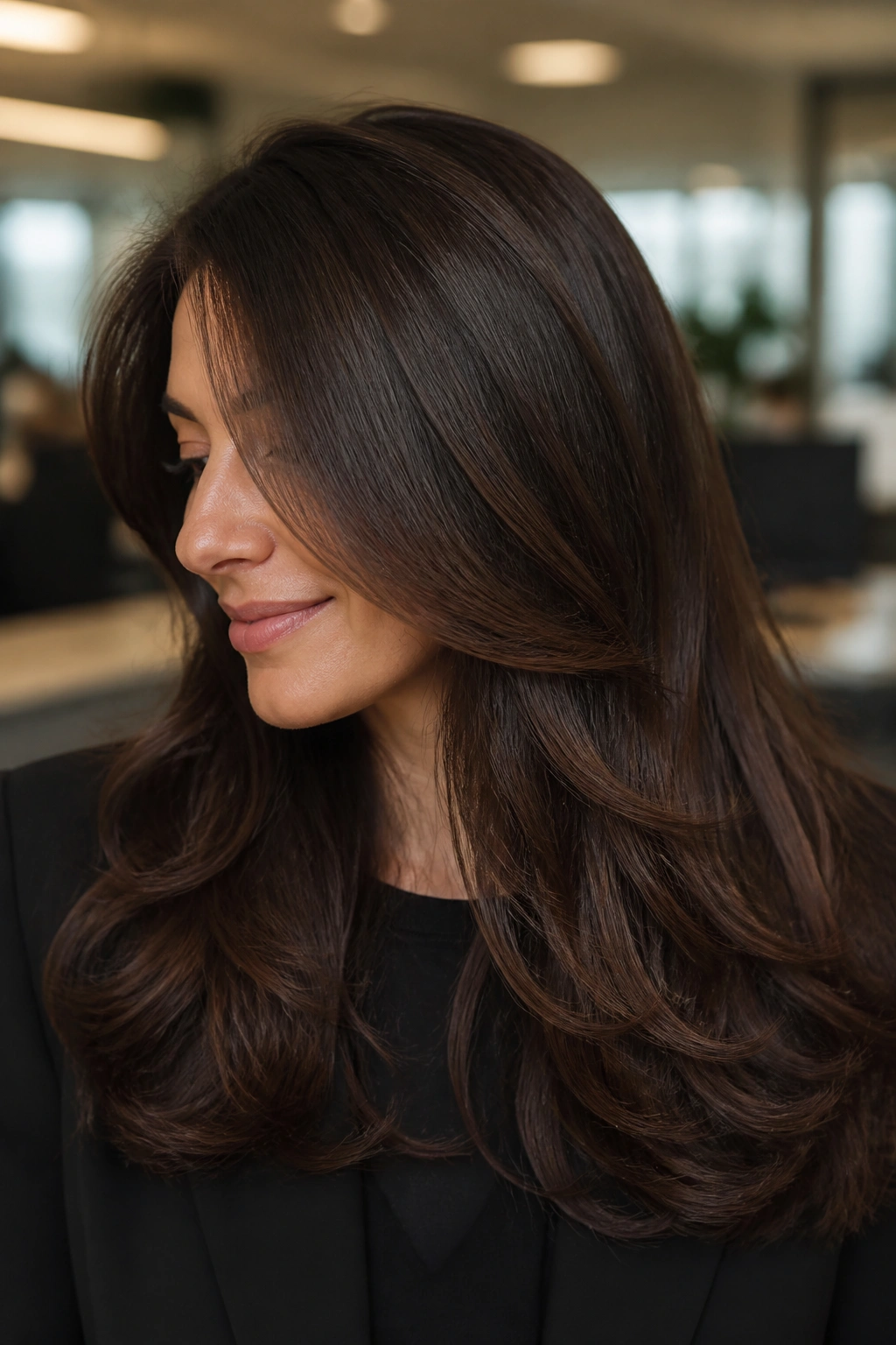 Close-up of chocolate brown hair on a real person under warm office light