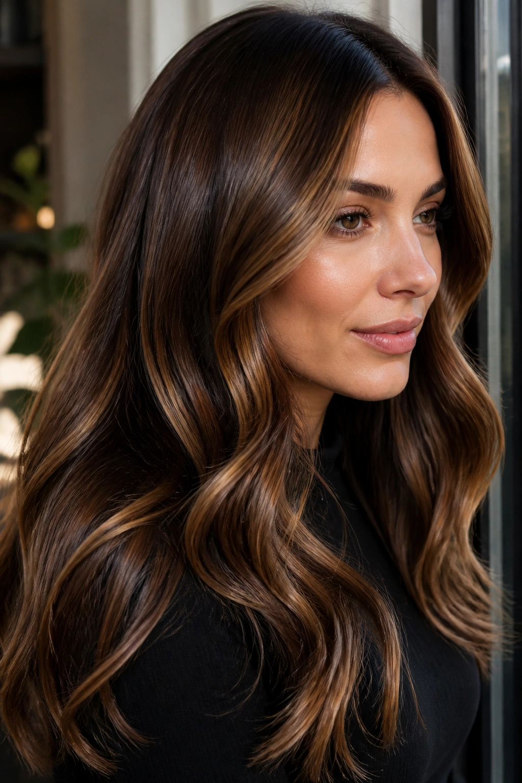 Close-up of brunette with glossy chocolate caramel melt hair