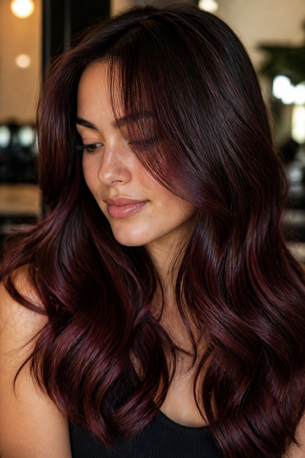 Close-up portrait of a real woman with chocolate cherry brown hair and red-violet gloss in the bends.
