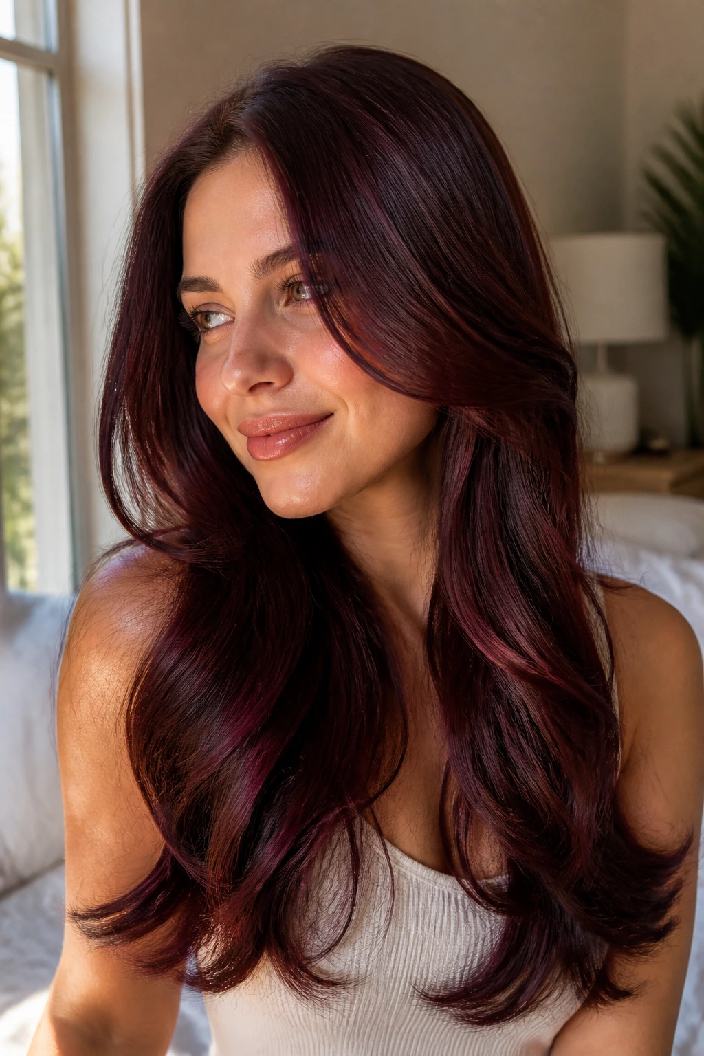 Close-up of a real woman's Chocolate Cherry Brown hair with red-violet highlights in natural window light