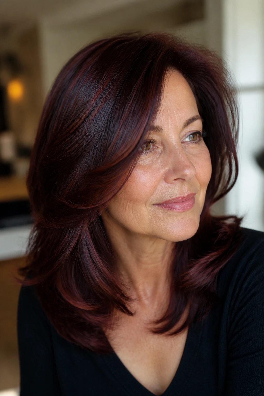 Close-up portrait of a real woman with chocolate cherry brown hair in warm lighting