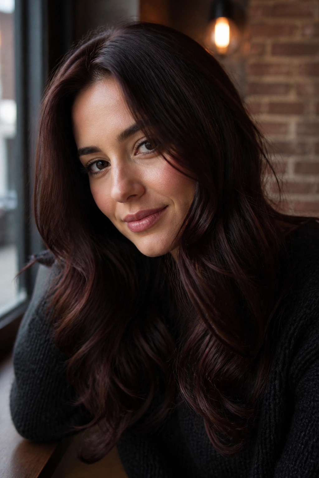 Close-up portrait of a real woman with chocolate cherry brown hair showing red-violet reflection