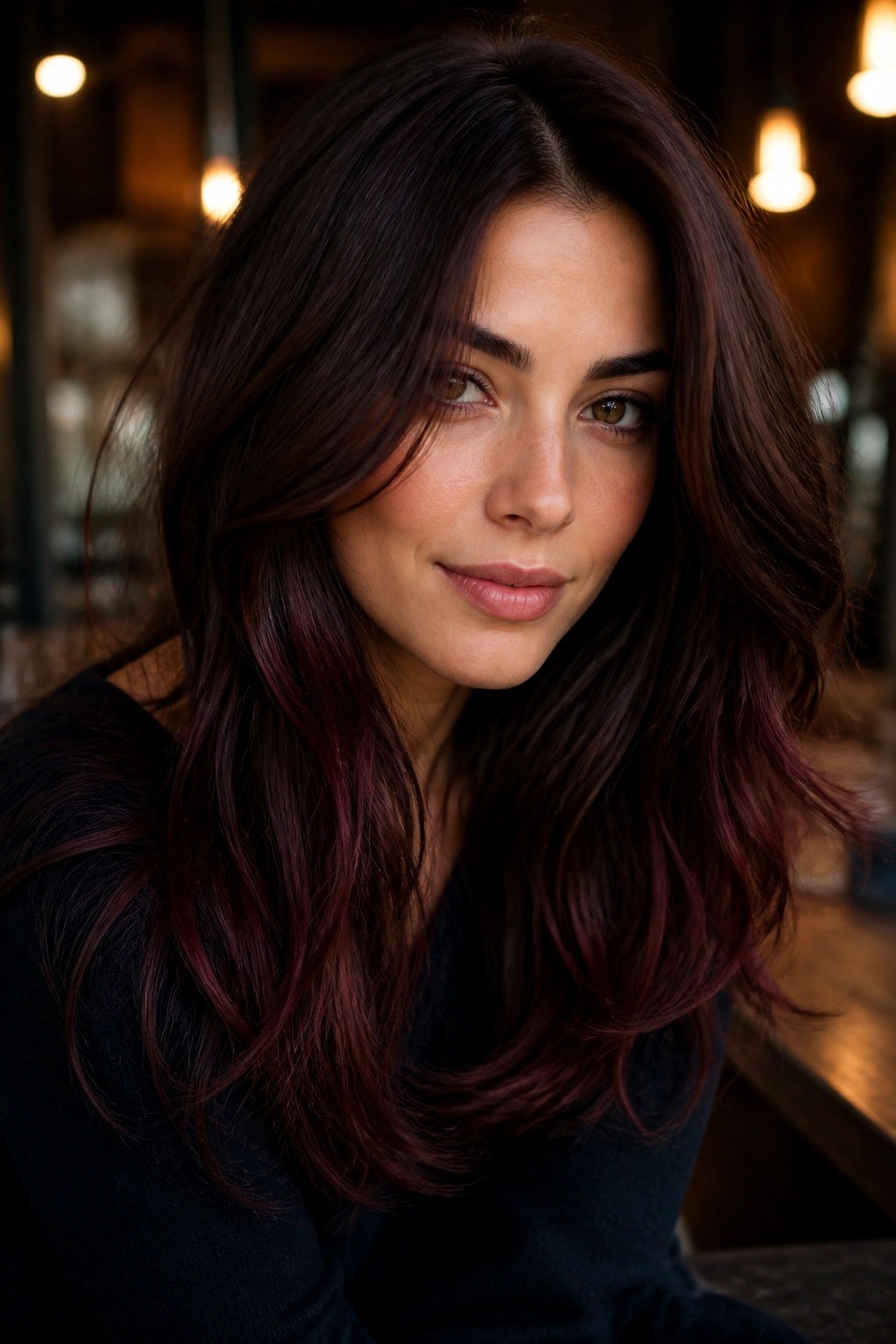 Close-up of a real woman with chocolate cherry brown hair in a moody cafe setting