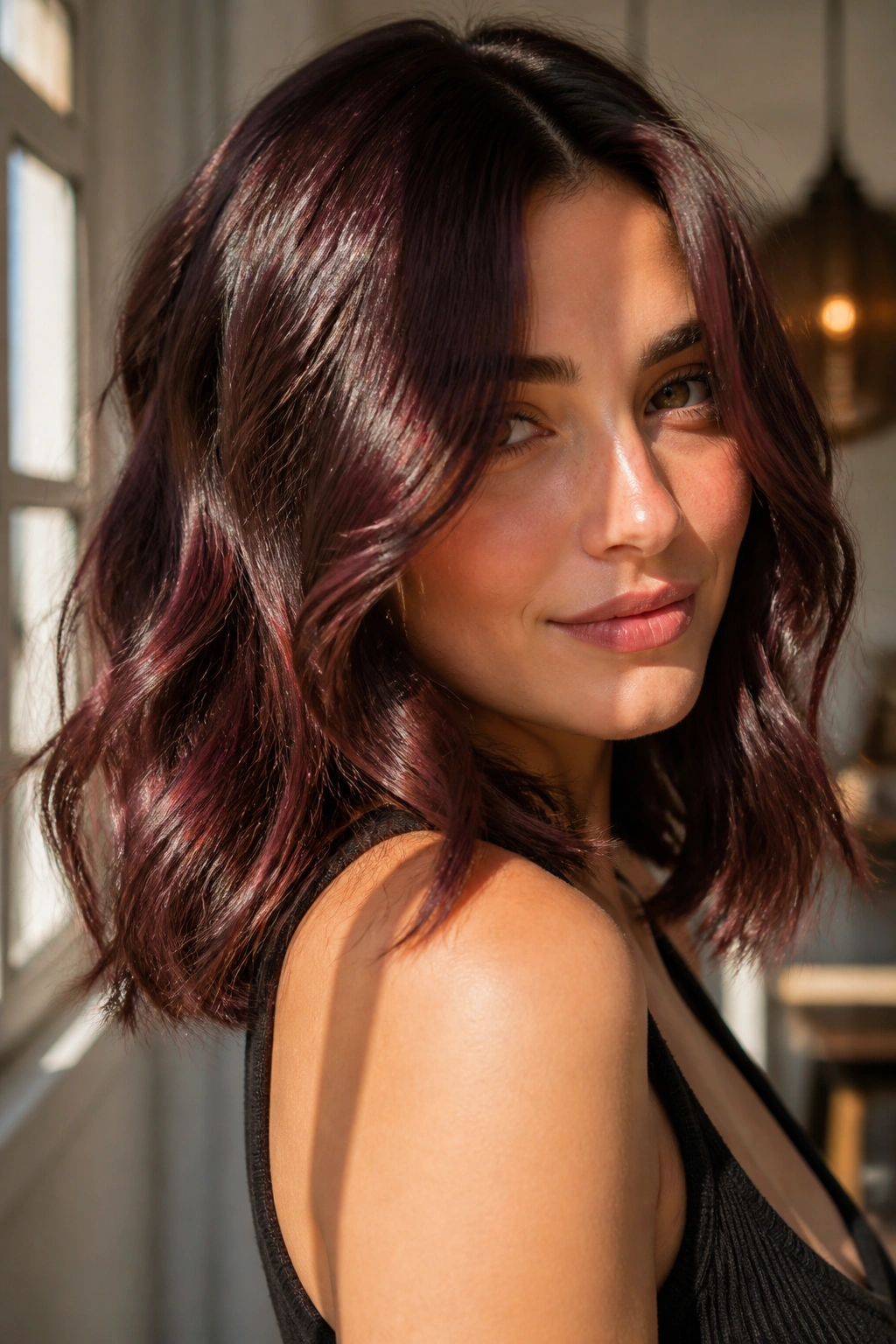 Brunette with chocolate cherry color showing red reflections in sunlight