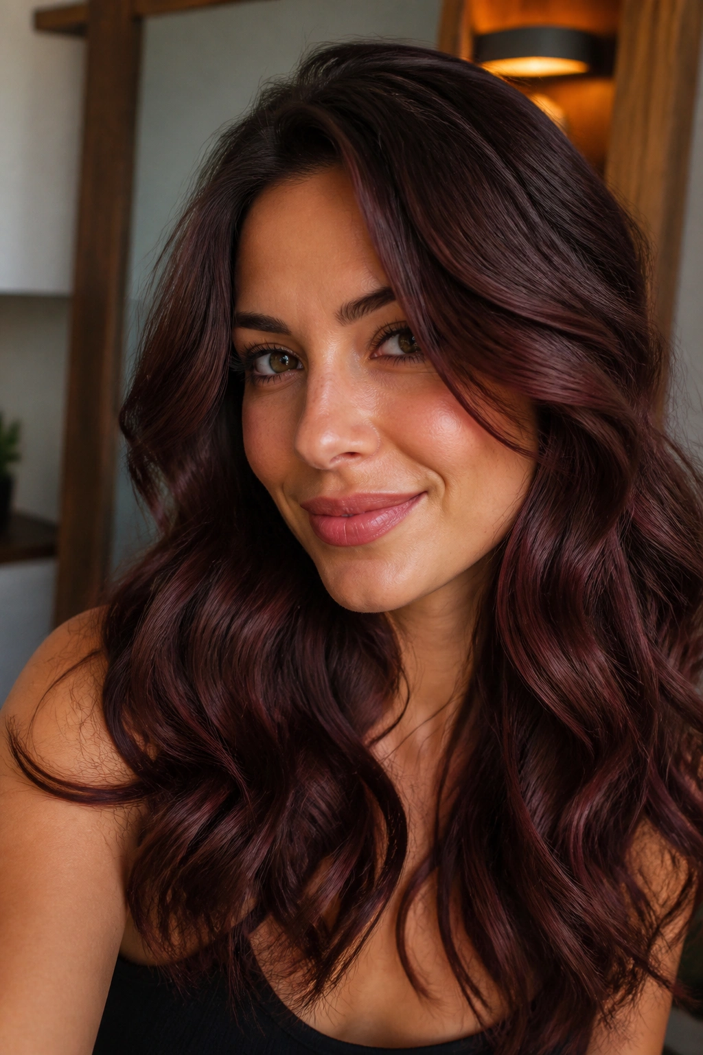 Real woman with chocolate cherry hair showing plum depth in movement