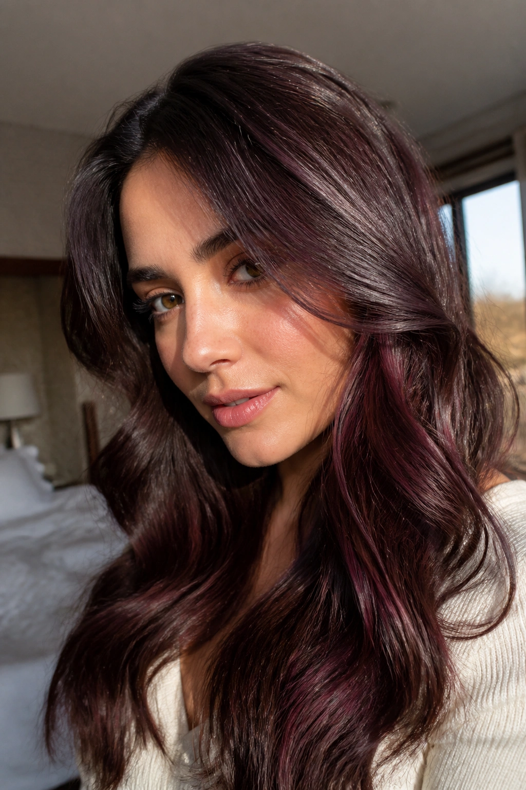 Close-up of a real woman with chocolate cherry gloss hair on dark brown base