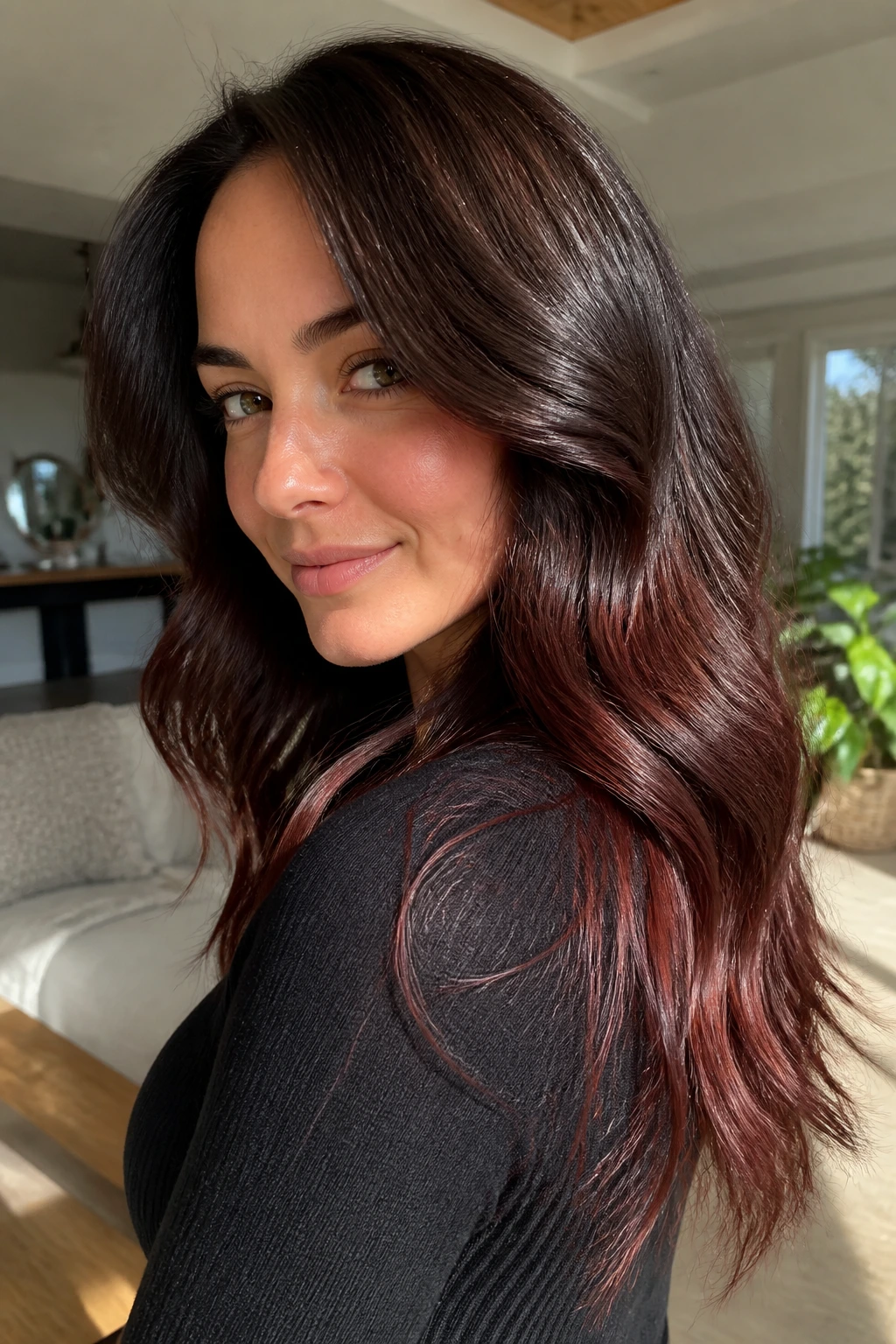 Close-up of brunette with chocolate brown base and cherry tones mid-lengths