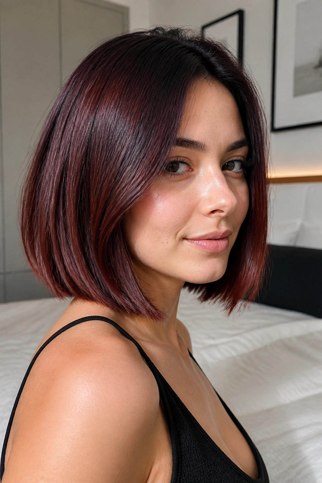 Close-up of a real woman with chocolate cherry root and blunt bob hair.
