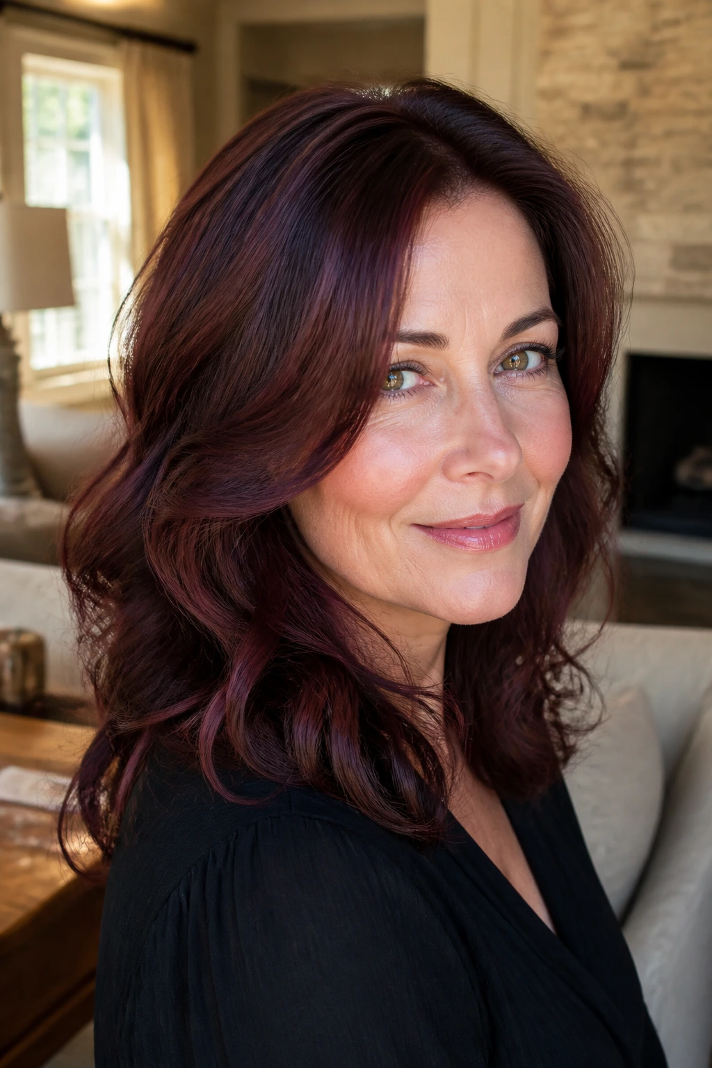 Close-up portrait of chocolate cherry hair with subtle wine tones