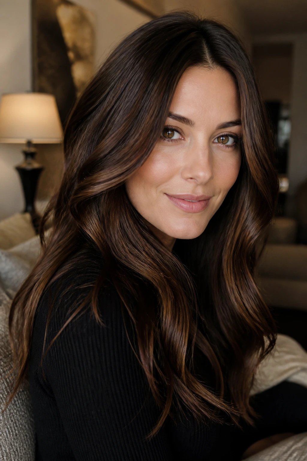 Brunette with chocolate and chestnut highlights catching light