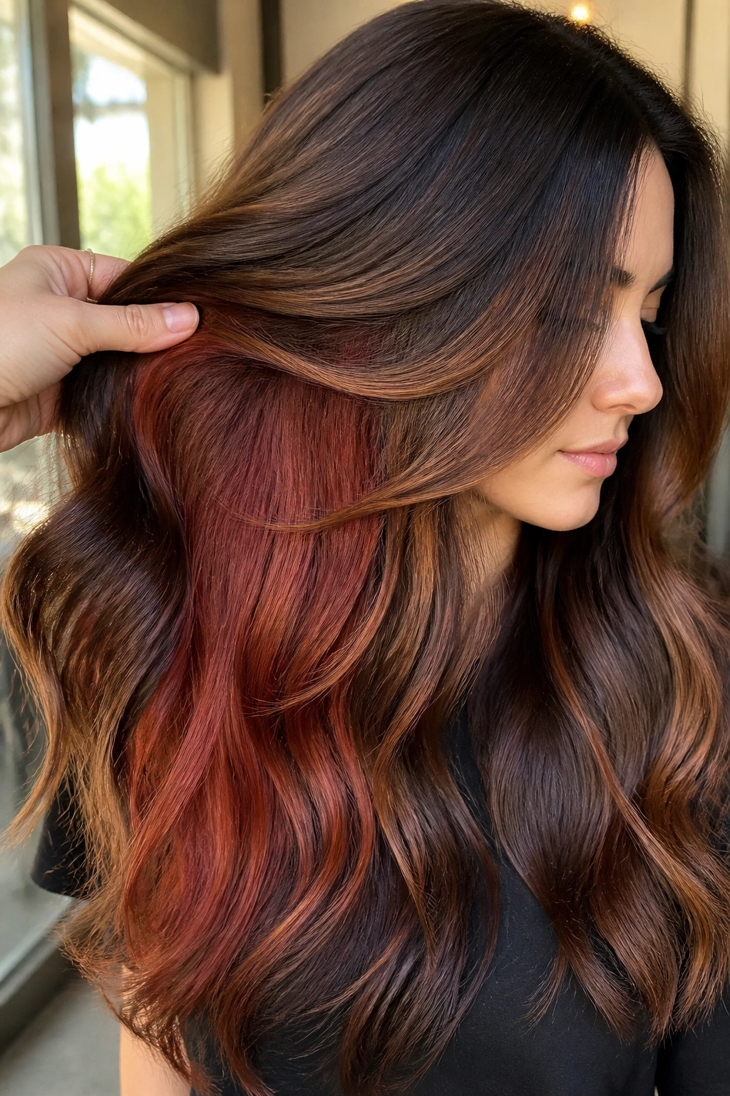 Close-up portrait of long hair with chocolate top, cinnamon mid, and auburn underlayers visible during movement