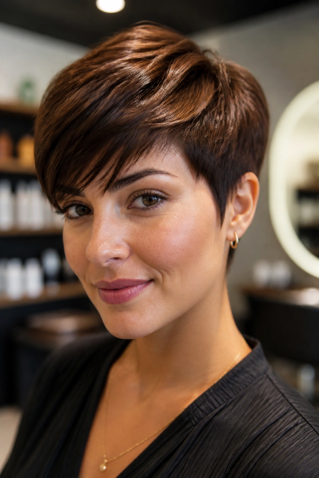 Close-up of a real woman with a glossy chocolate glaze pixie.