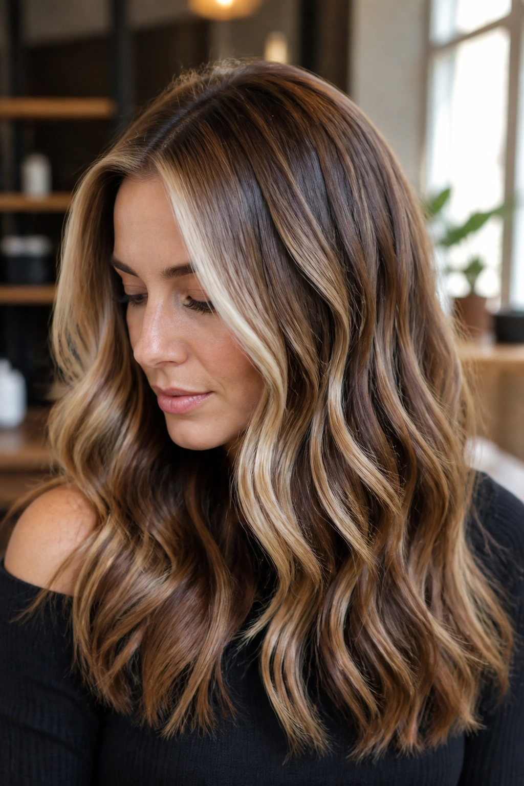 Close-up of brunette hair with chocolate lowlights under lighter sections