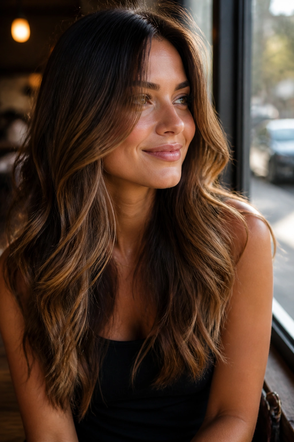 Real woman's hair gradient from chocolate brown to mocha bronde, close-up.