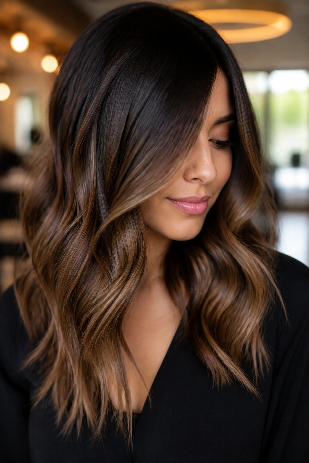 Brunette with chocolate mocha color melt from roots to ends
