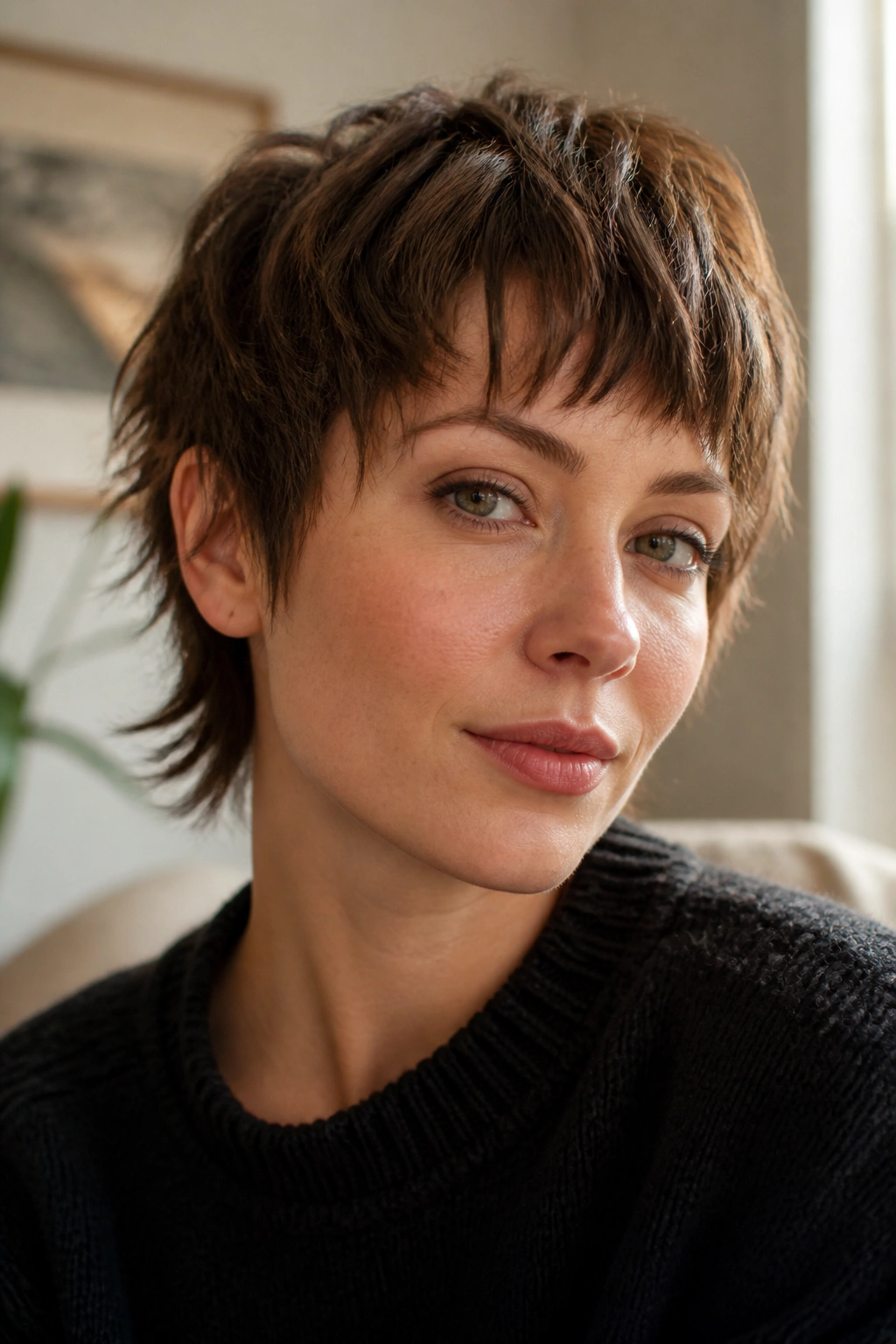 Close-up portrait of a real woman with choppy bangs on a bixie cut in a cozy living room.