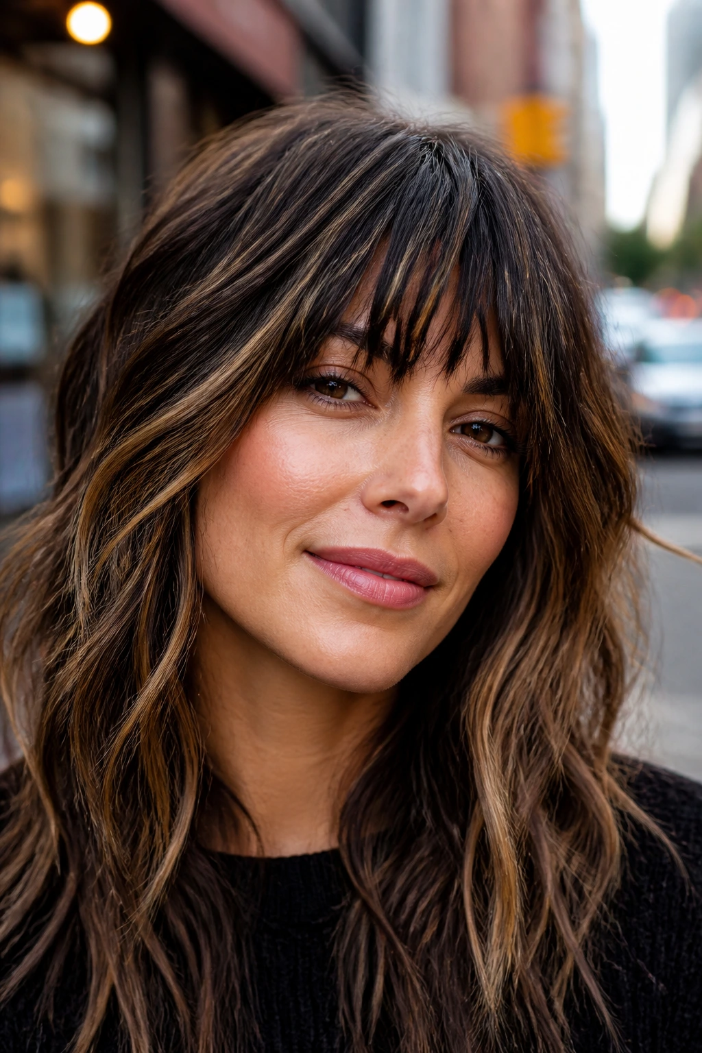 Close-up of a woman with choppy bangs and espresso-toffee highlights