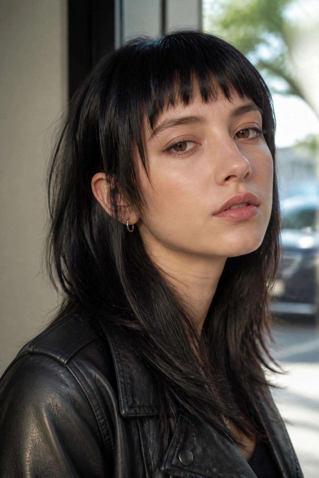 Portrait of a real person with choppy bangs and heavier tail in a straight wolf-cut