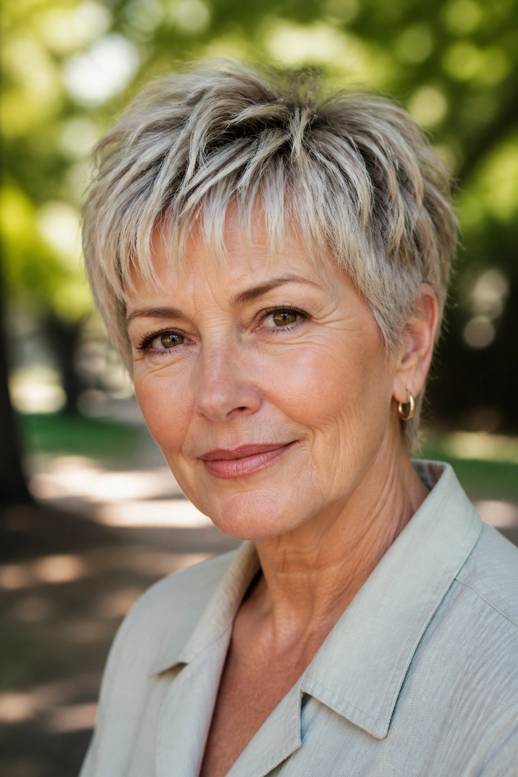 Close-up portrait of a real woman with a pixie bob and choppy bangs
