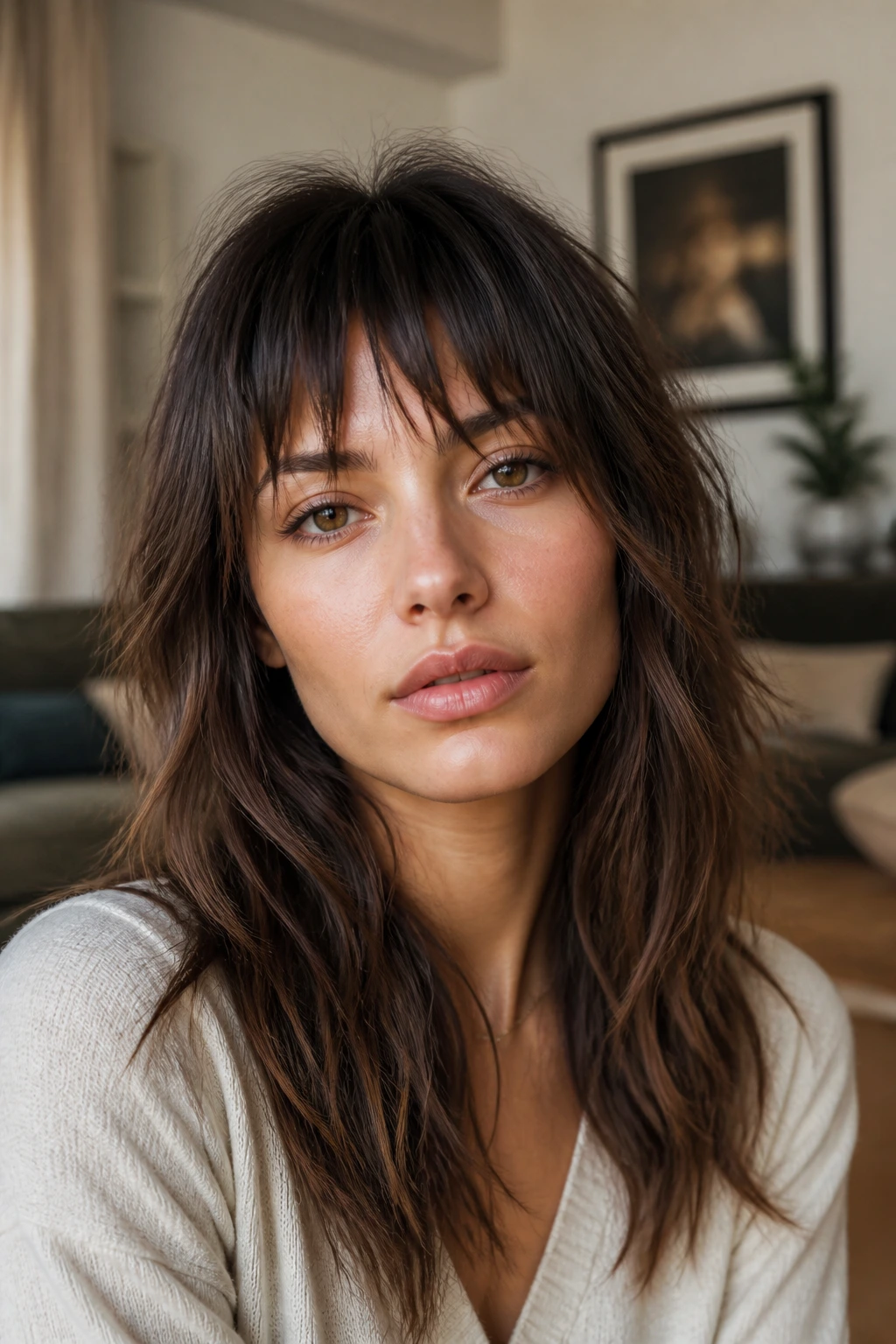Close up of a real person with choppy bangs and textured fringe.