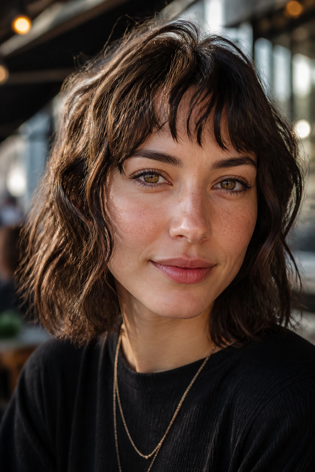 Close-up of a real woman with choppy bangs and broken edges