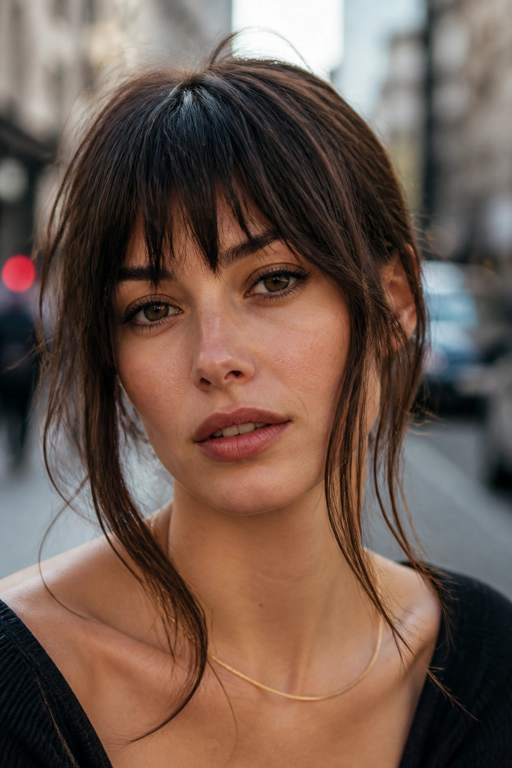 Close-up of a real woman with choppy bangs and long temple pieces on an urban street