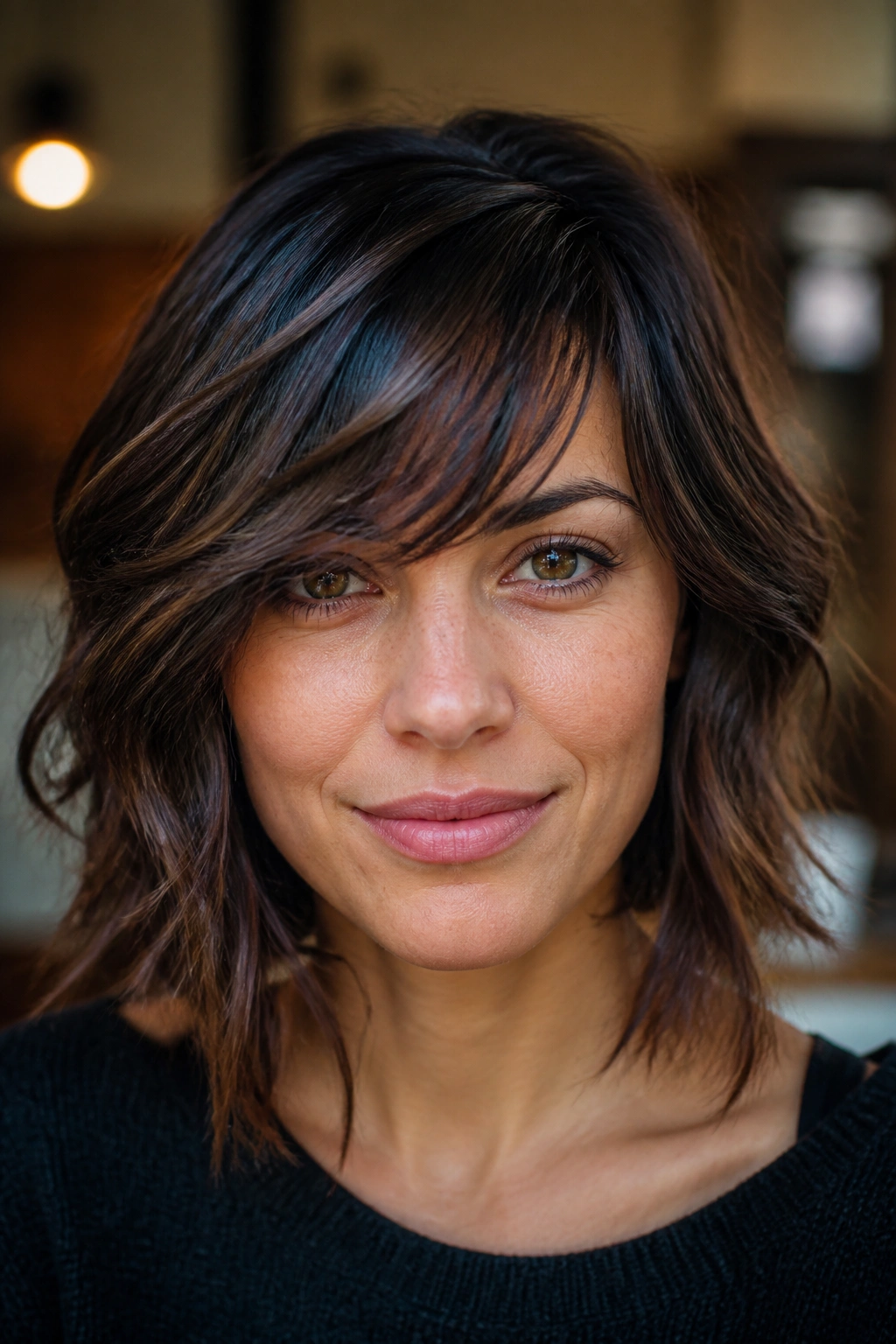 Close-up of a real person with choppy side bangs and textured ends in warm light