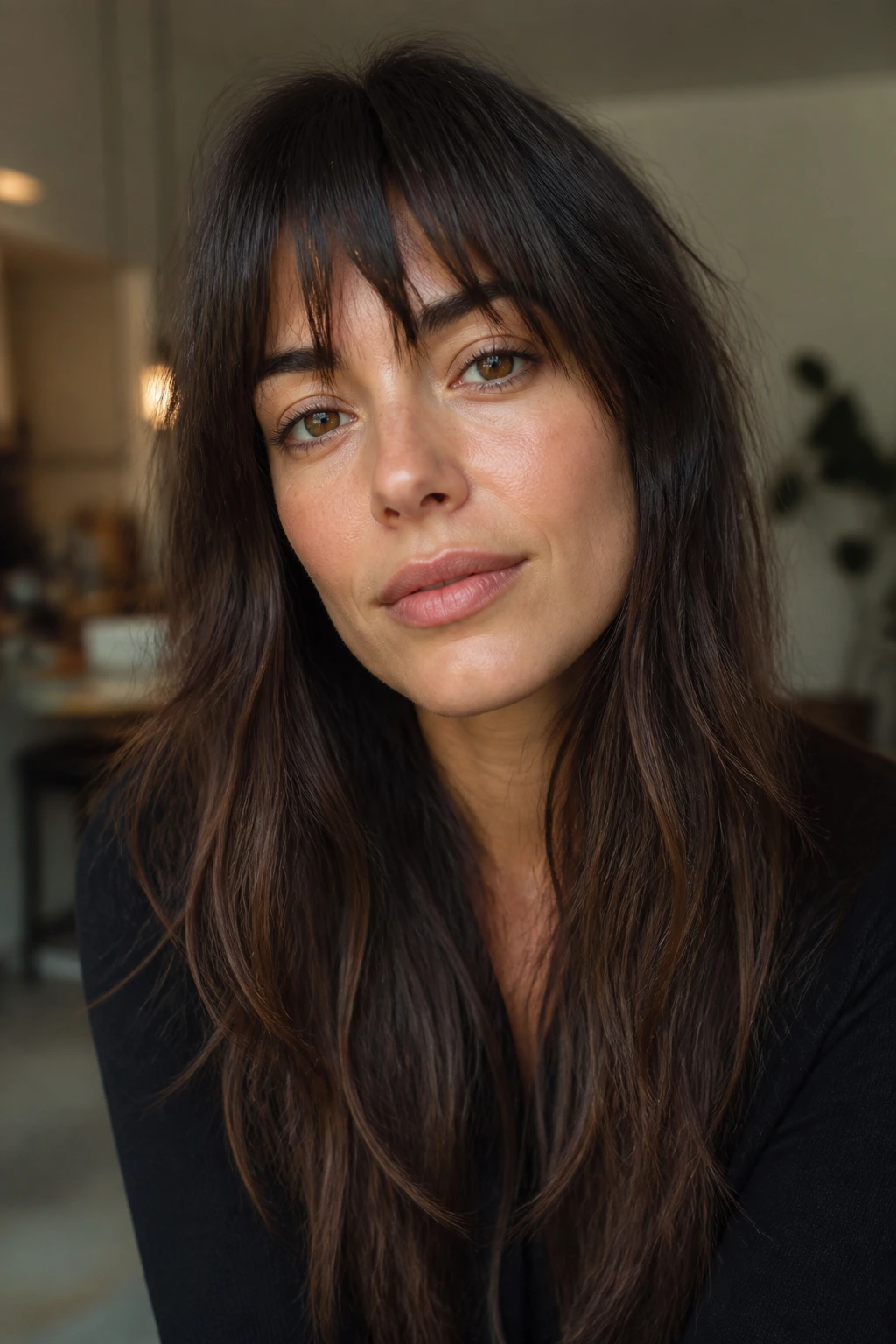 Close-up portrait of a real person with choppy, textured bangs