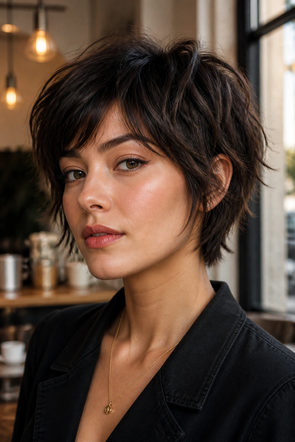 Portrait of a woman with choppy bixie wolf cut showing cheekbone-length front layers and compact back.