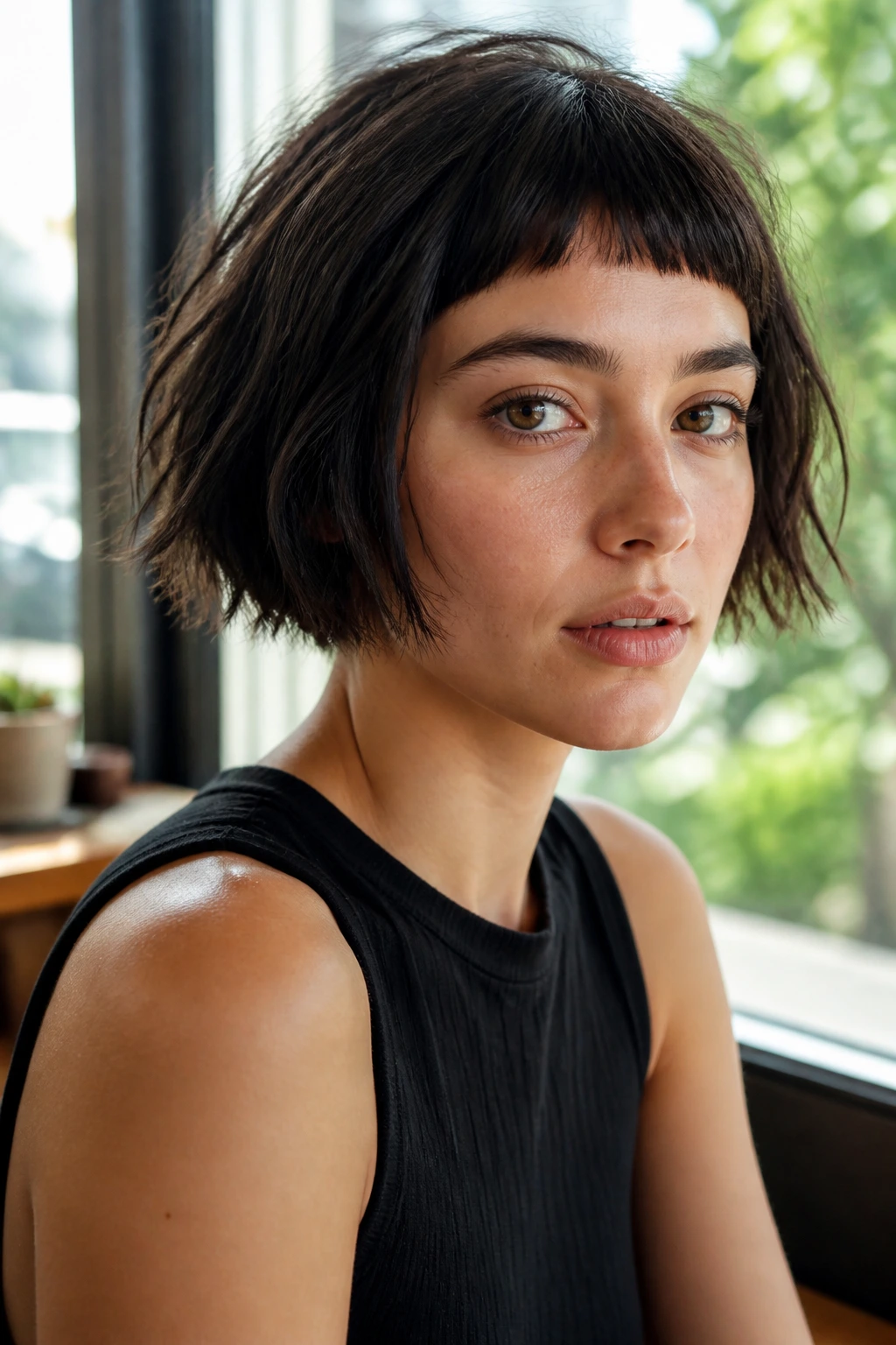 Real person with a choppy bob and baby bangs