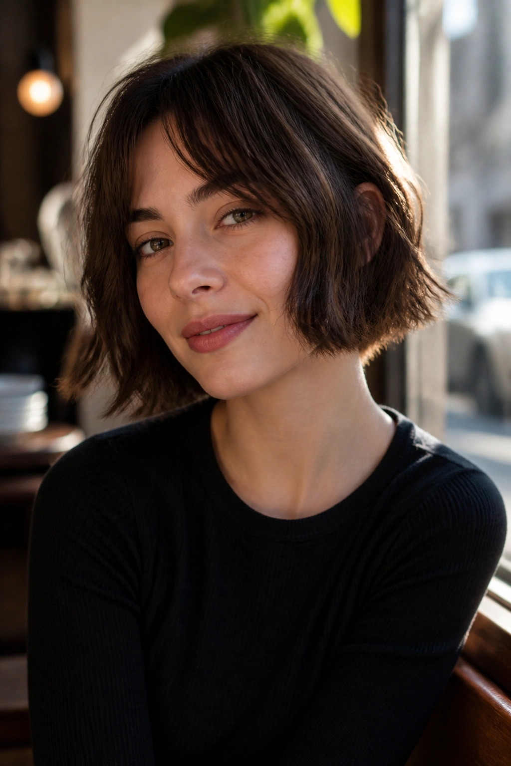 Portrait of a woman with a choppy bob and bottleneck bangs framing the face.