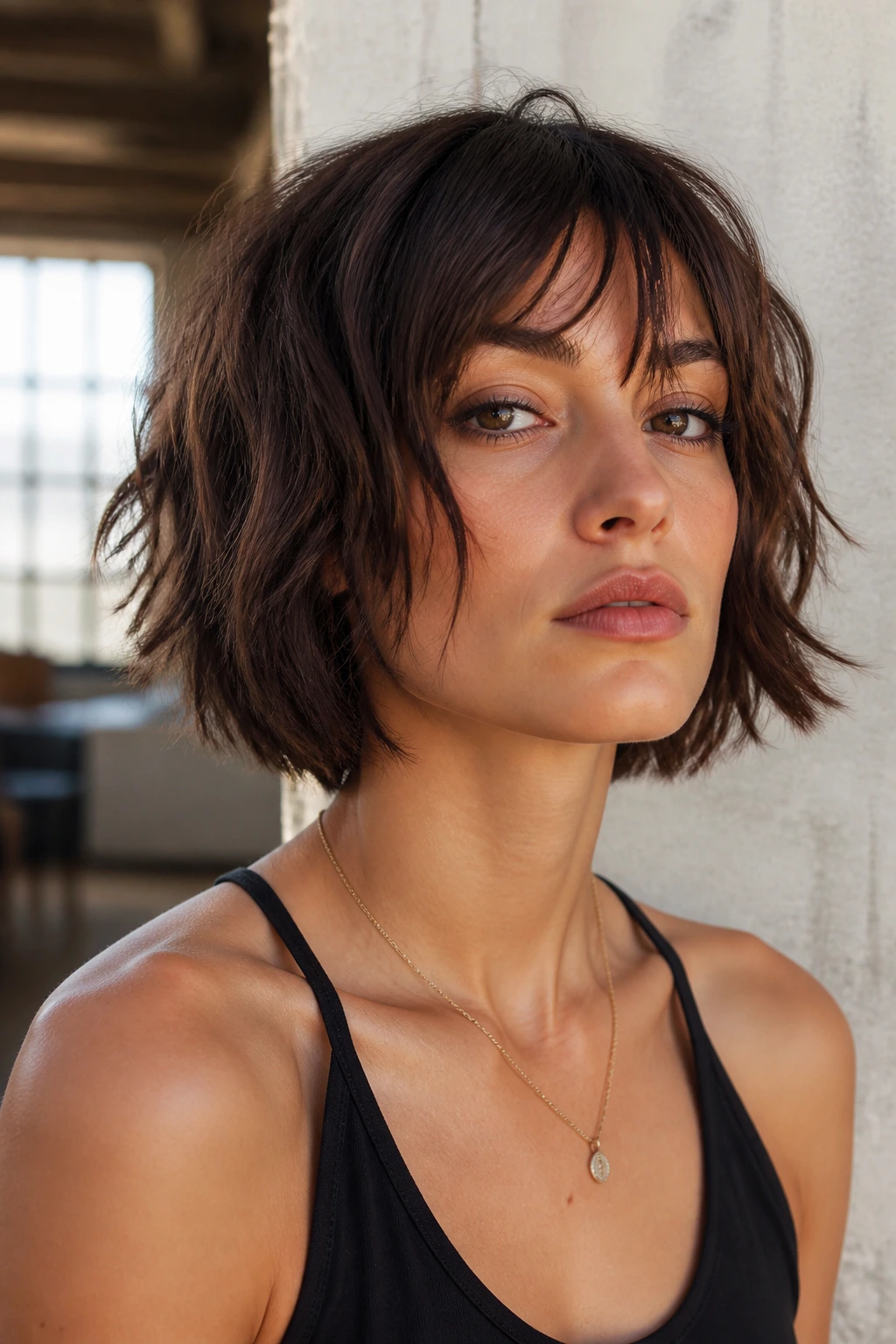 Close-up of a real woman with a choppy bob and broken-up layers.