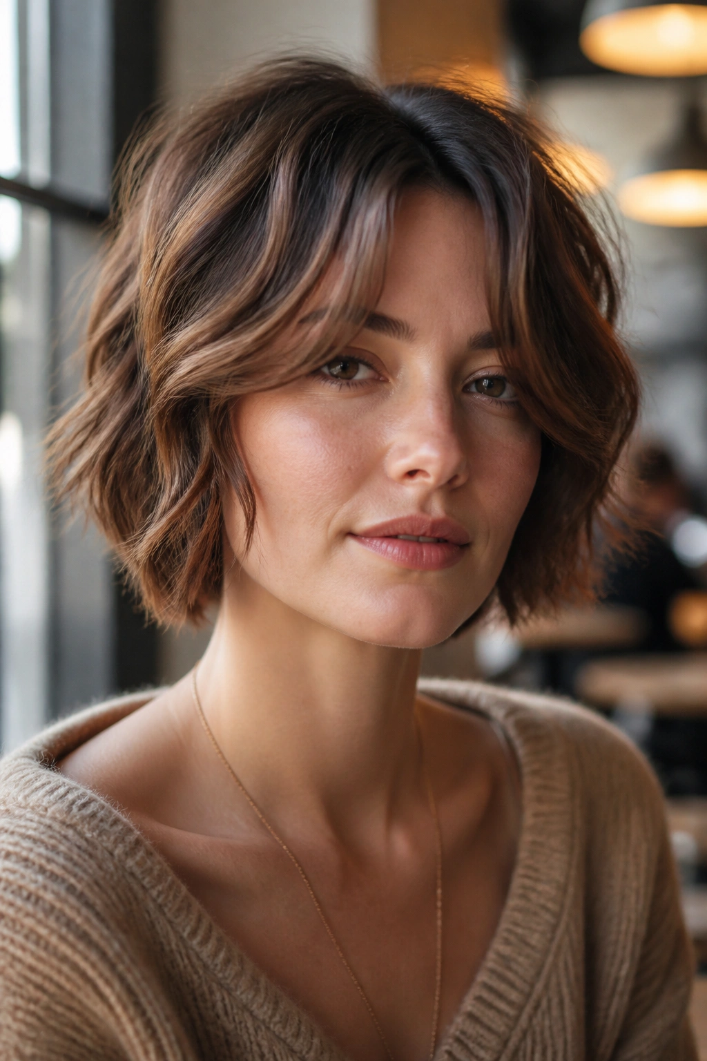 Real woman with choppy bob and curtain bangs in bright natural light