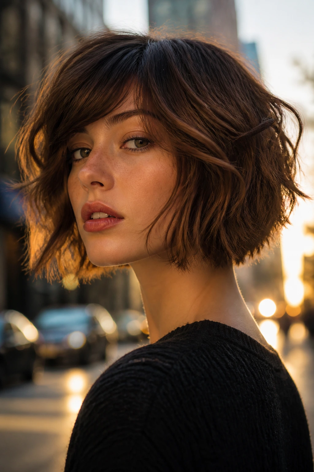 Close-up of a real woman with choppy bob and disconnected layers