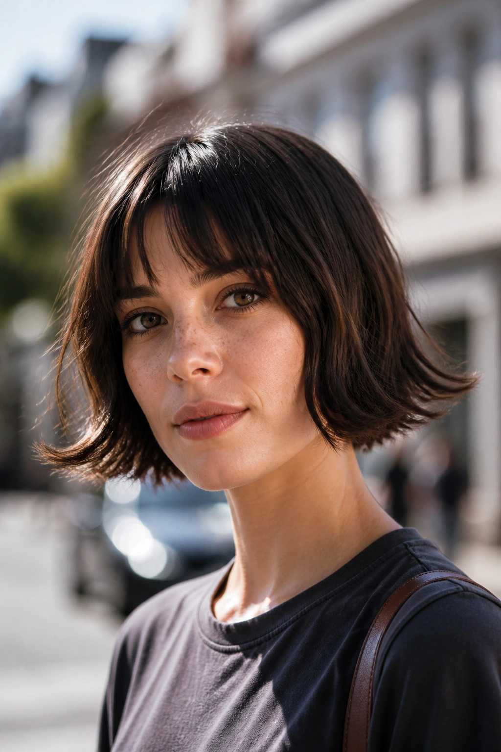 Close-up portrait of a real woman with a choppy bob and flipped-out ends in natural outdoor light