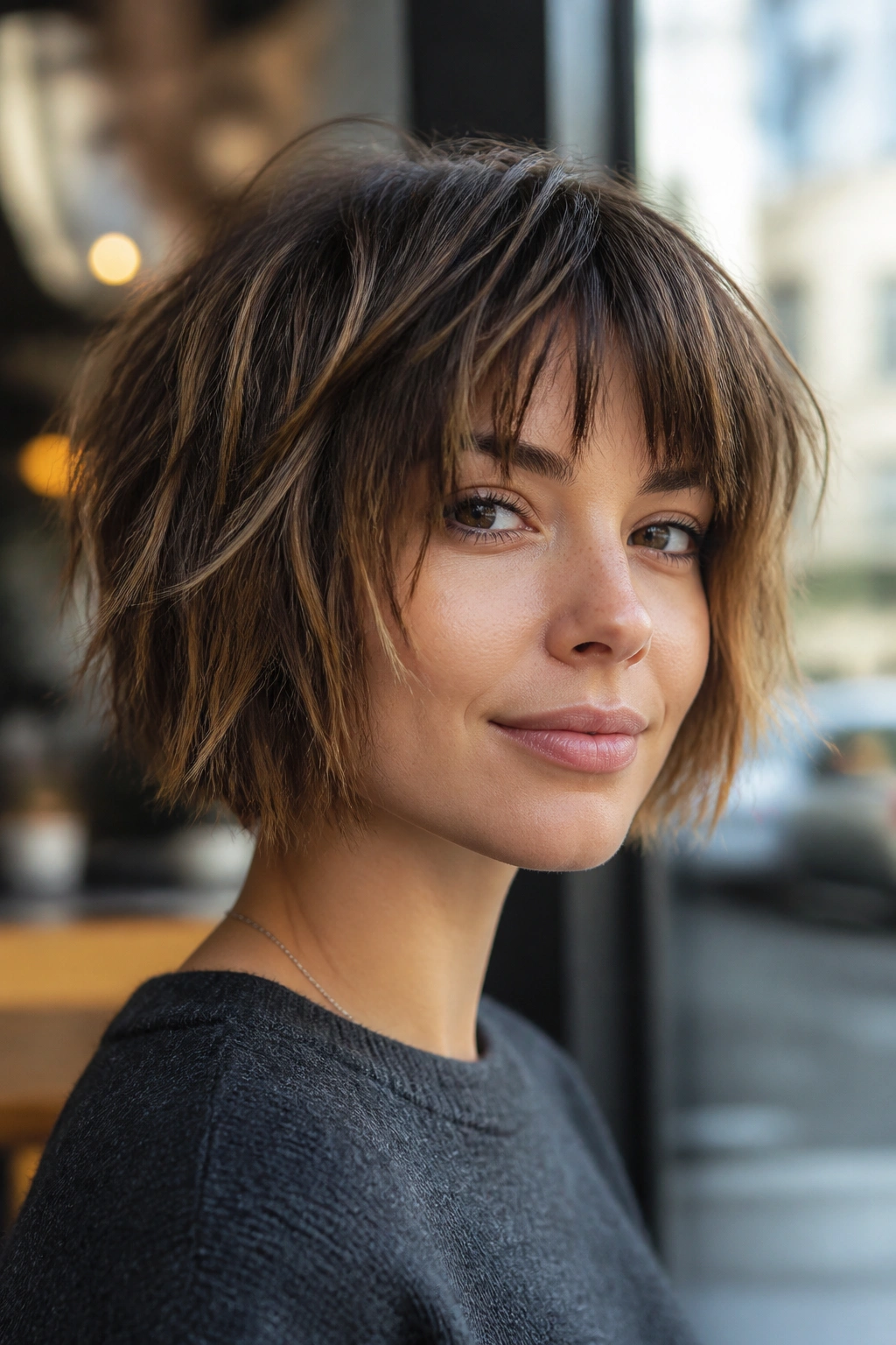 Close-up of a real person with a choppy bob and textured fringe in natural cafe light.