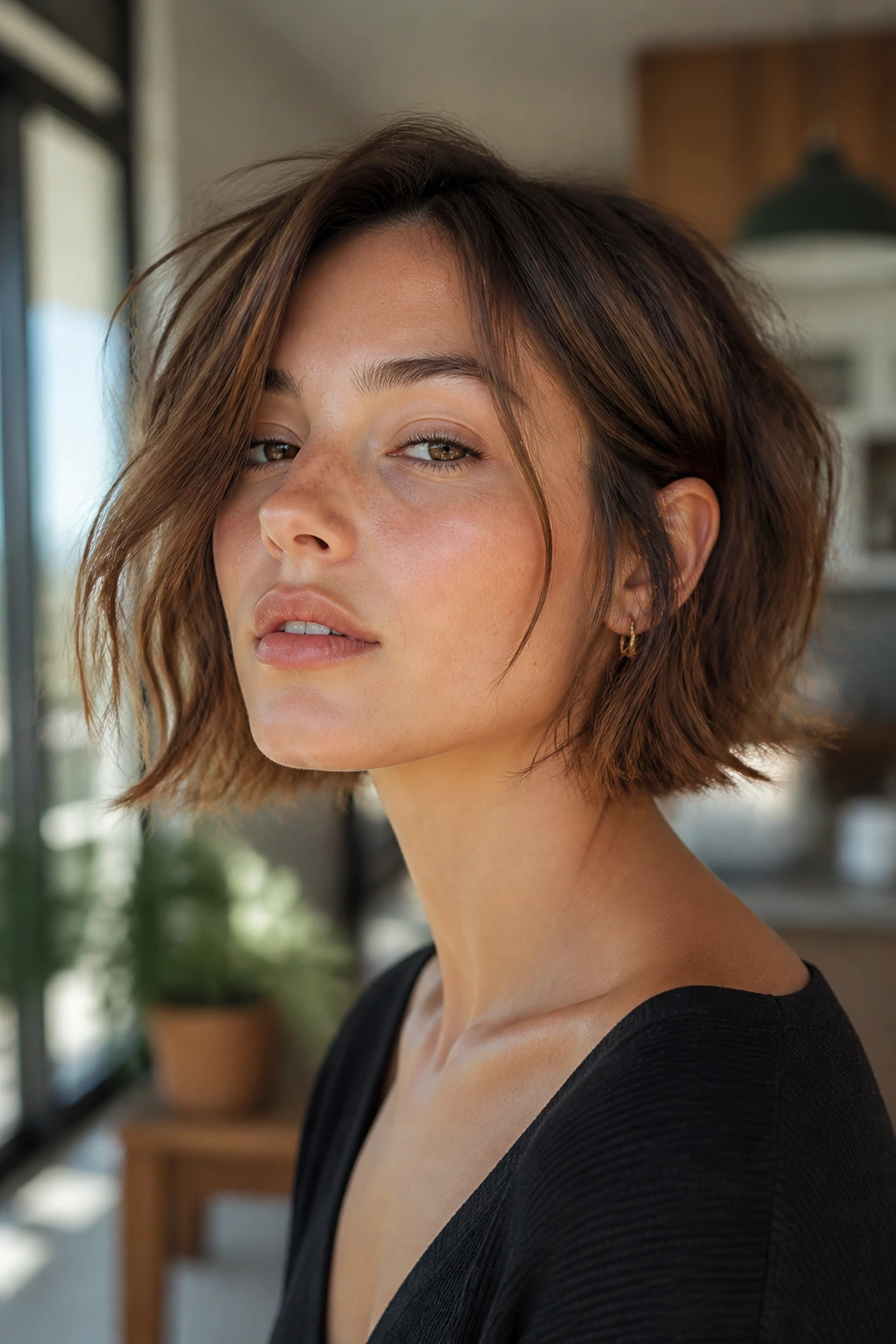 Portrait of a real person with a choppy bob hairstyle.
