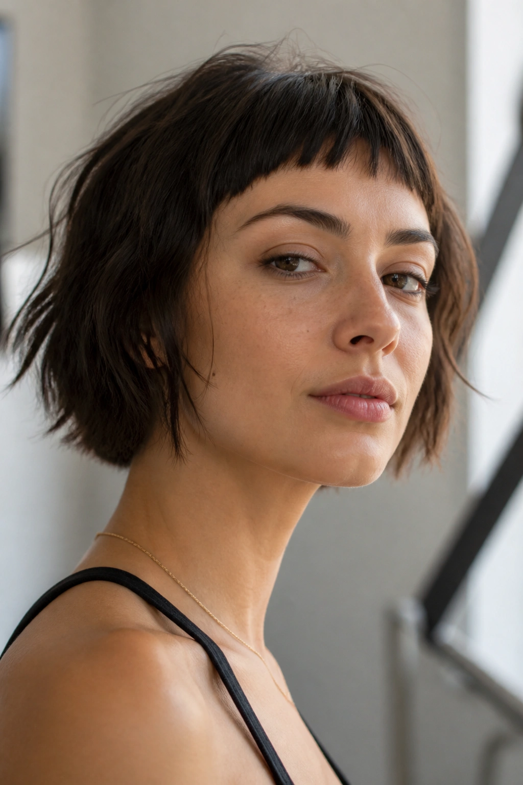Close-up of a real woman with a choppy bob and micro bangs