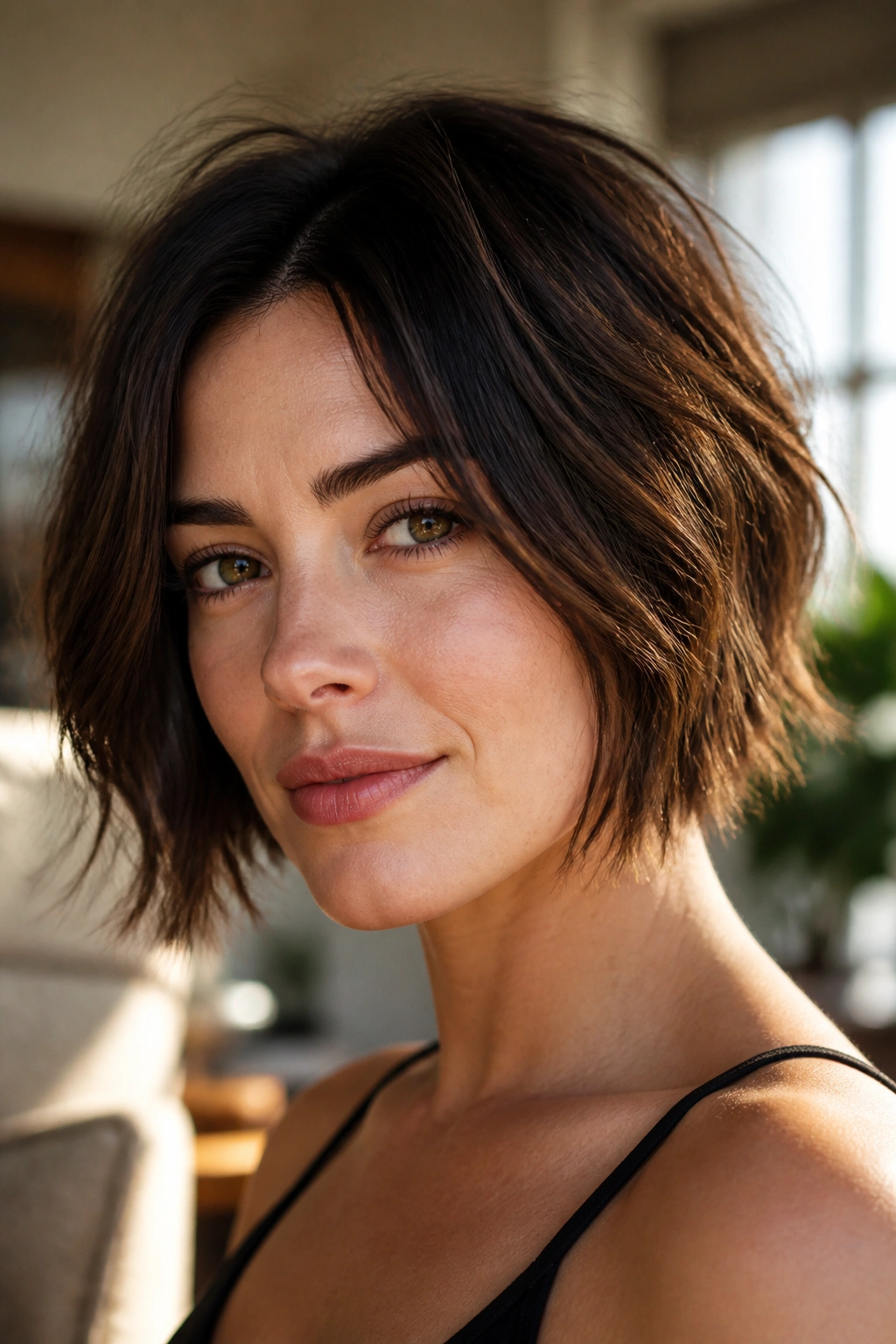 Close-up of a real woman with a choppy textured bob in a sunlit living room.