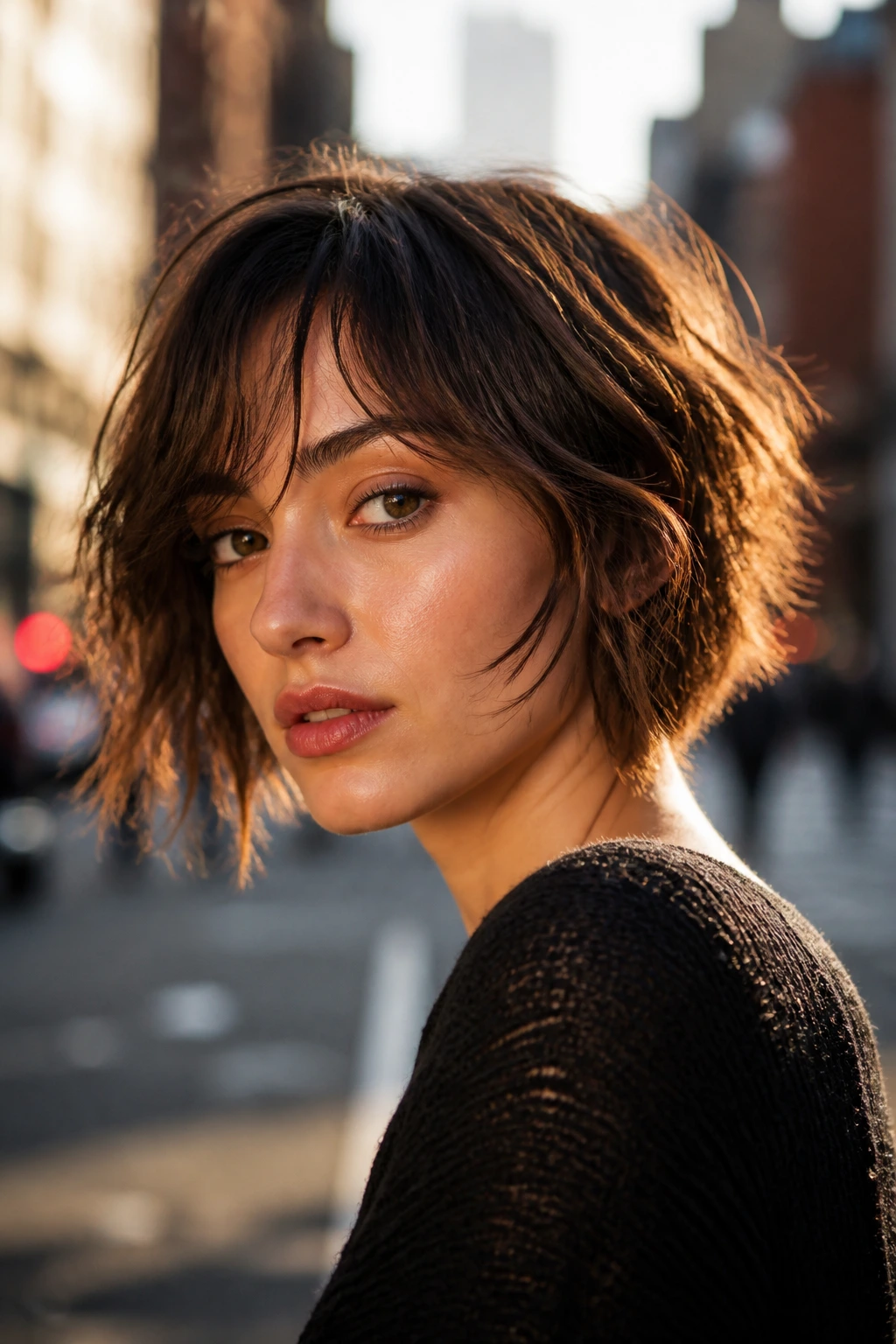 Close-up of a woman with choppy bob and piecey ends, golden hour street background