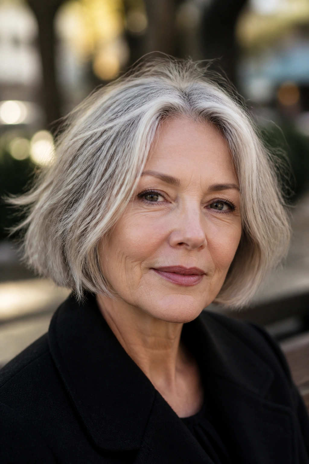 Close-up portrait of a real woman with a choppy bob and salt-and-pepper hair