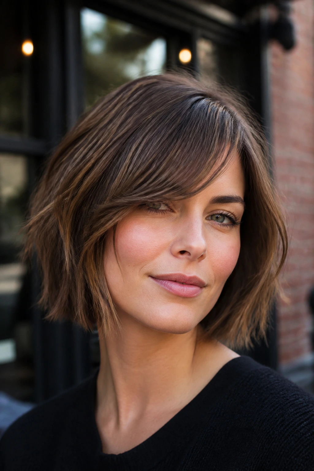 Portrait of a real woman with a choppy bob and side bangs