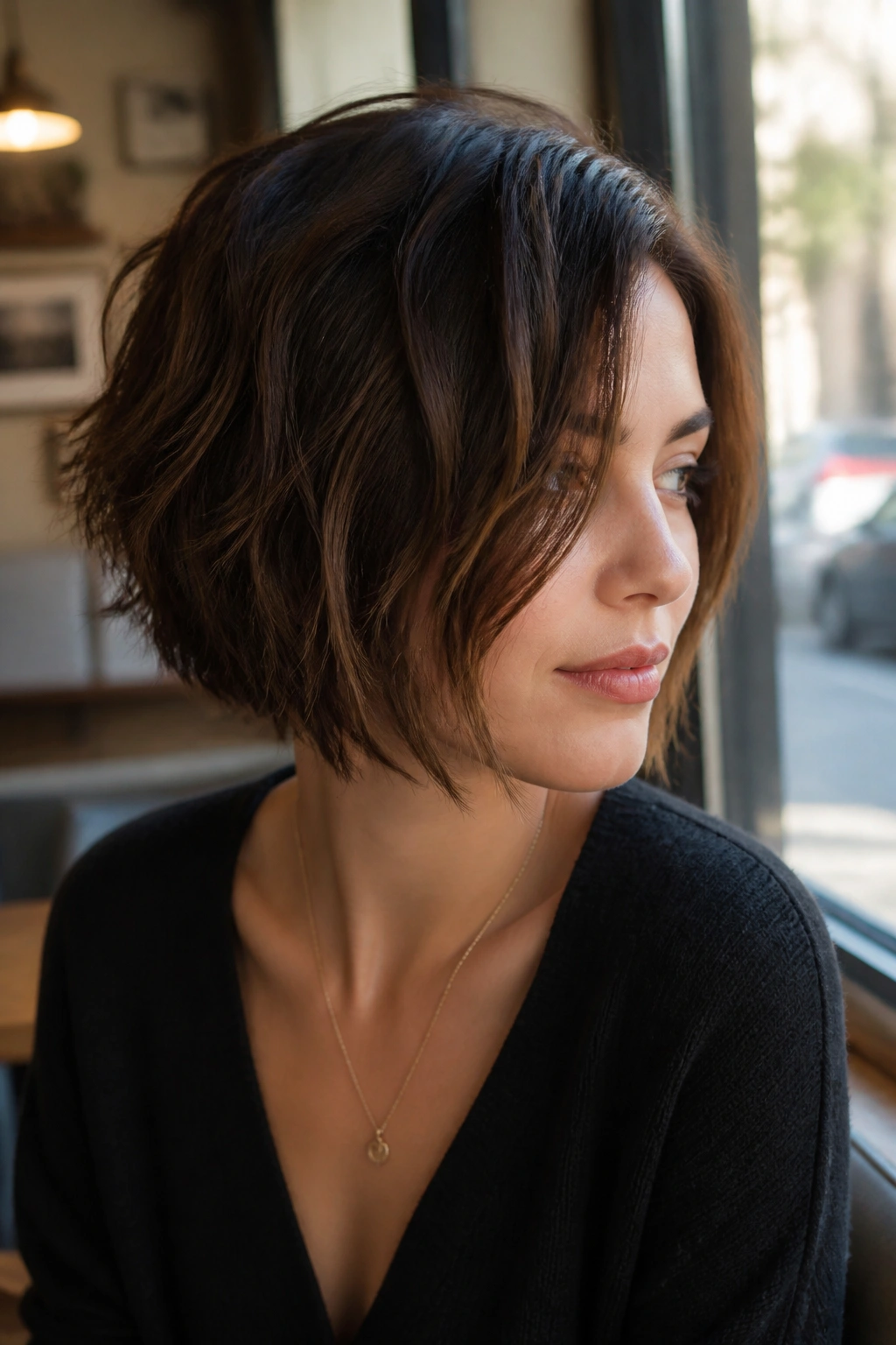 Close-up of a real woman with a choppy bob and piecey ends in warm cafe light